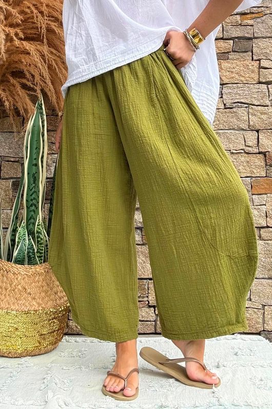 Annie Cushion Cotton Barrel Culotte Pant Olive